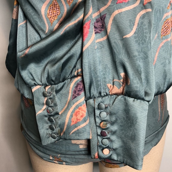 #134 Zara accessories long sleeved teal floral Faux Silk bodysuit Small - Picture 10 of 15